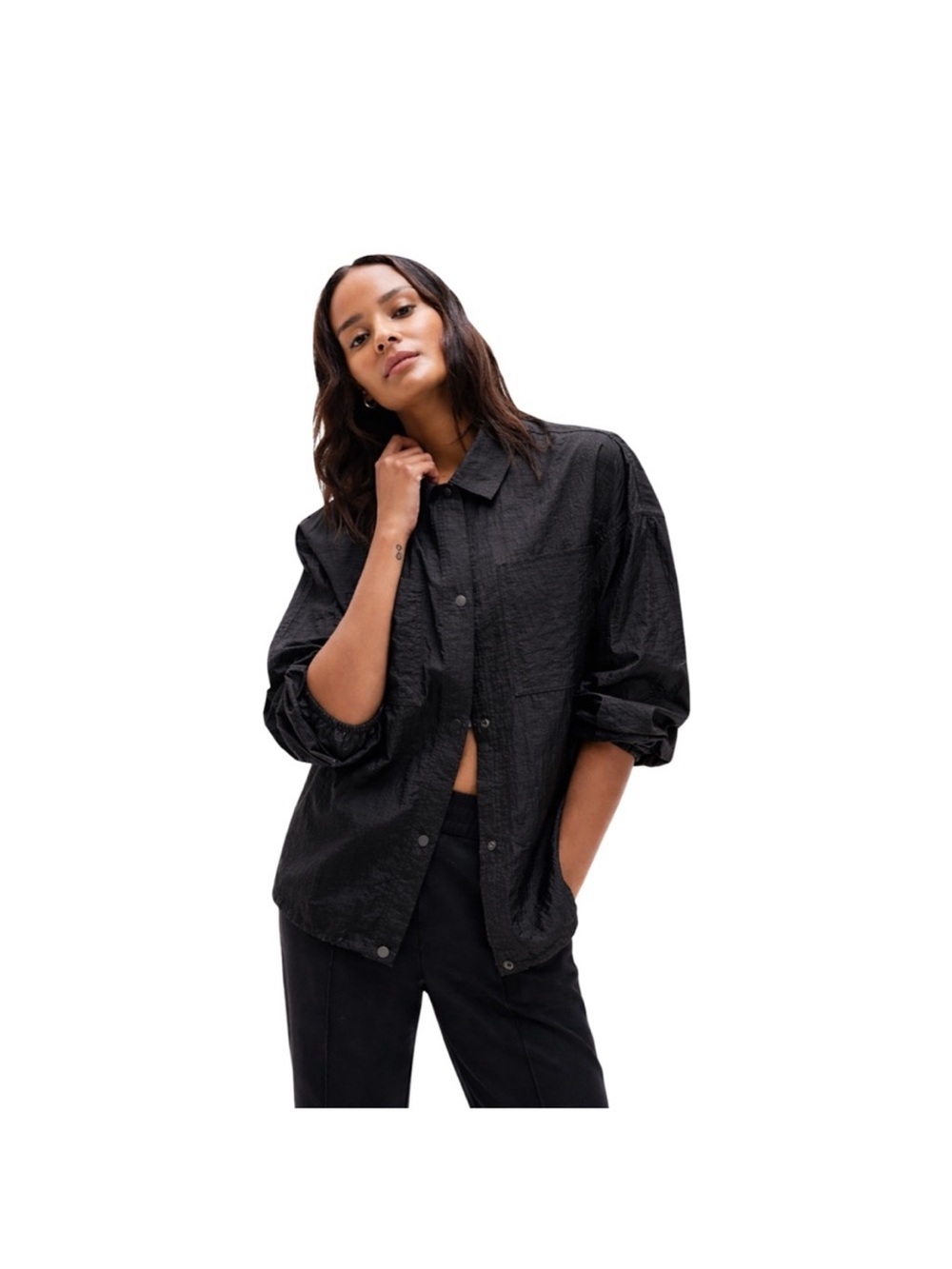Athleta Lunar Sheen Shirt Black Textured Collared Shirt